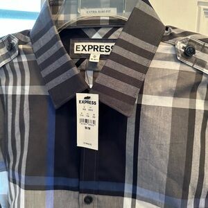 Express Men's Black, Gray, and Blue Plaid Shirt